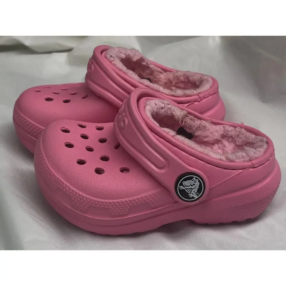 Crocs Classic Lined Clogs Toddler Girls Size C4 Pink Fuzzy Fur Slip On
